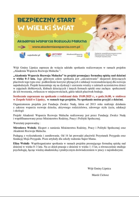 Zapraszamy na spotkanie w ramach projektu ''Akademia Wsparcia Rozwoju Malucha''.